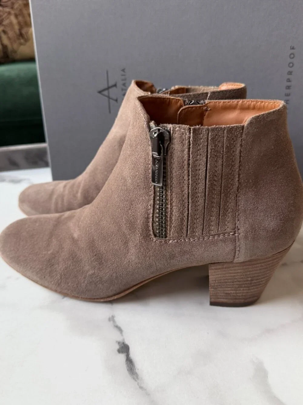 Aquatalia Fallon Taupe Suede Leather Ankle Boots Size 39